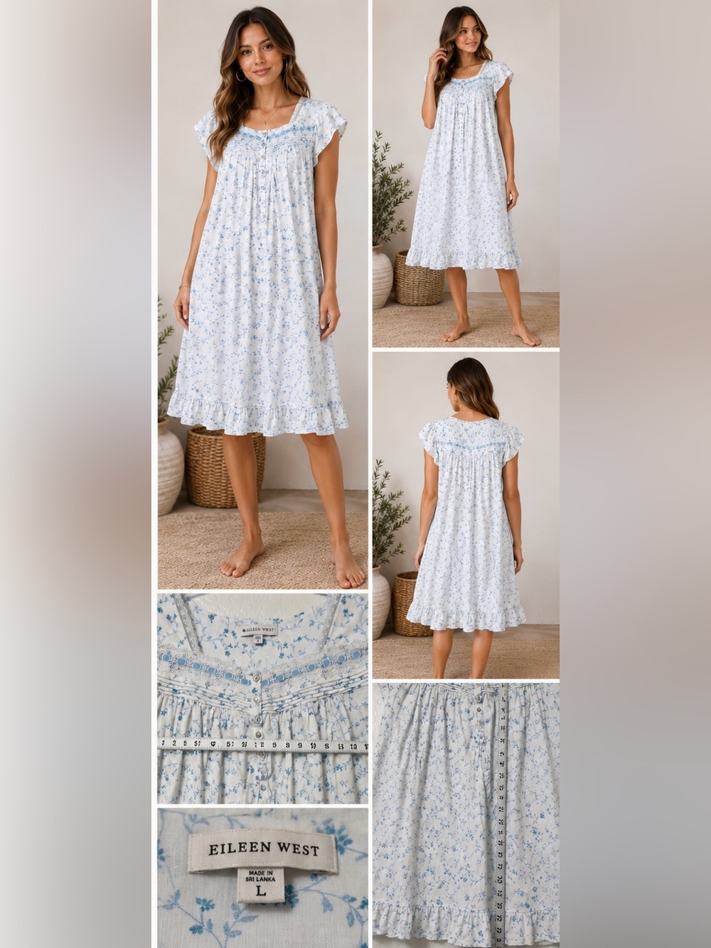 Eileen West Blue Floral Cotton Nightgown Dress Lace Trim Cottagecore Prairie